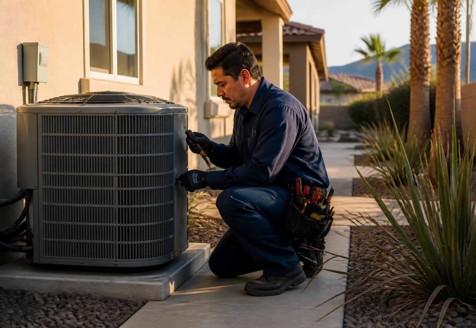 HVAC technician servicing an outdoor air conditioning condenser at a Murrieta, California home