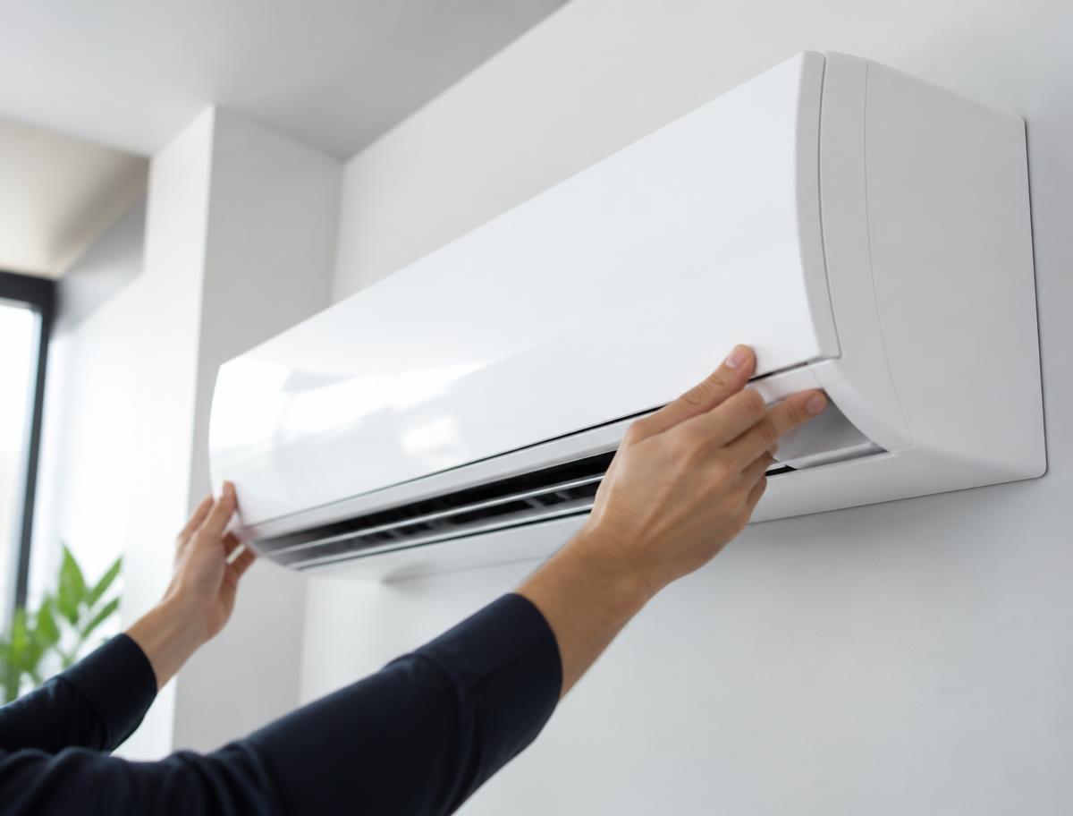 Ductless mini split air handler being serviced indoors