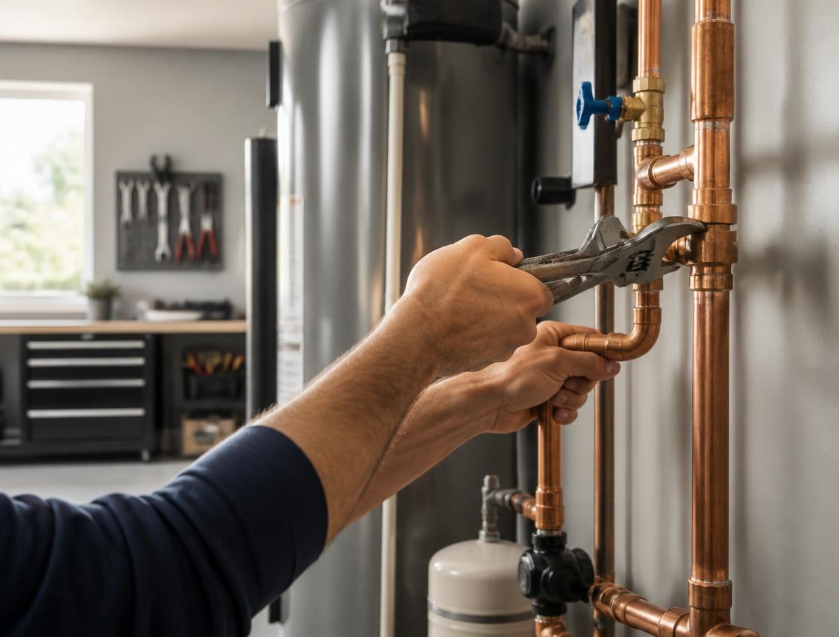 Plumber repairing copper water lines beside a residential water heater