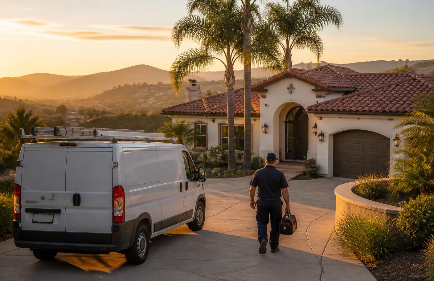 Home-services van arriving at a residential home in the Murrieta, California area